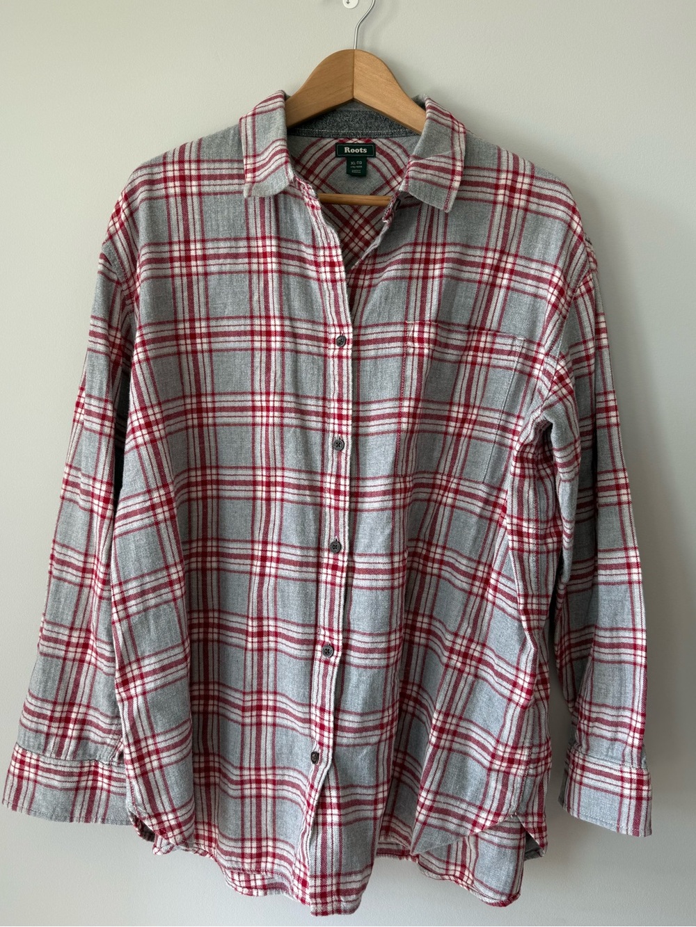 (XL) women’s Roots Red & Grey Plaid Casual Button-Down Shirt
